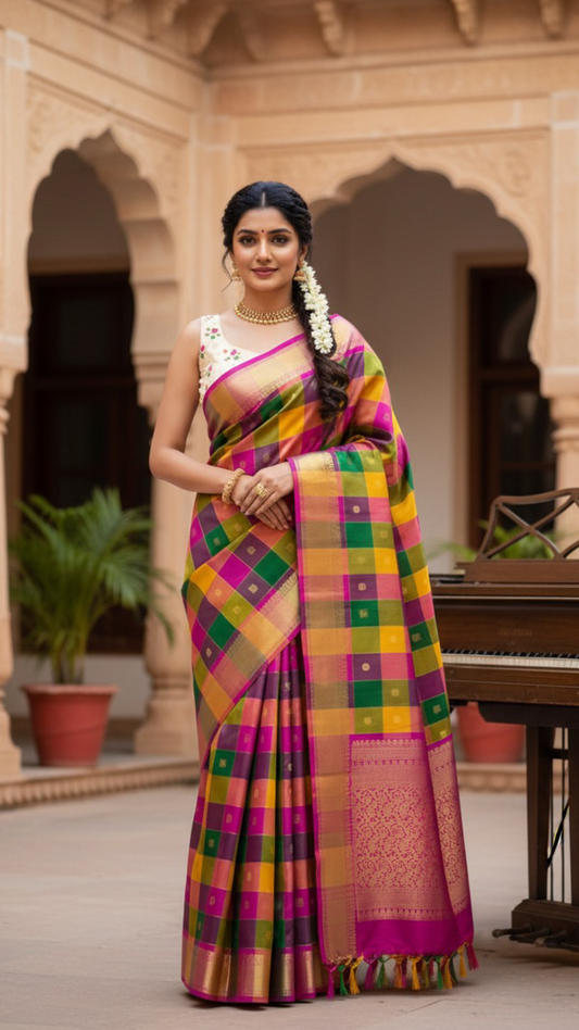 Pallavi – Kanchipuram Paalum pazhamum checks/ Zari kattam  Silk Saree in Turmeric, Mango, Leaf Green & Beetroot Pink Checks.
Finished with a vibrant magenta border and rich gold zari pallu.