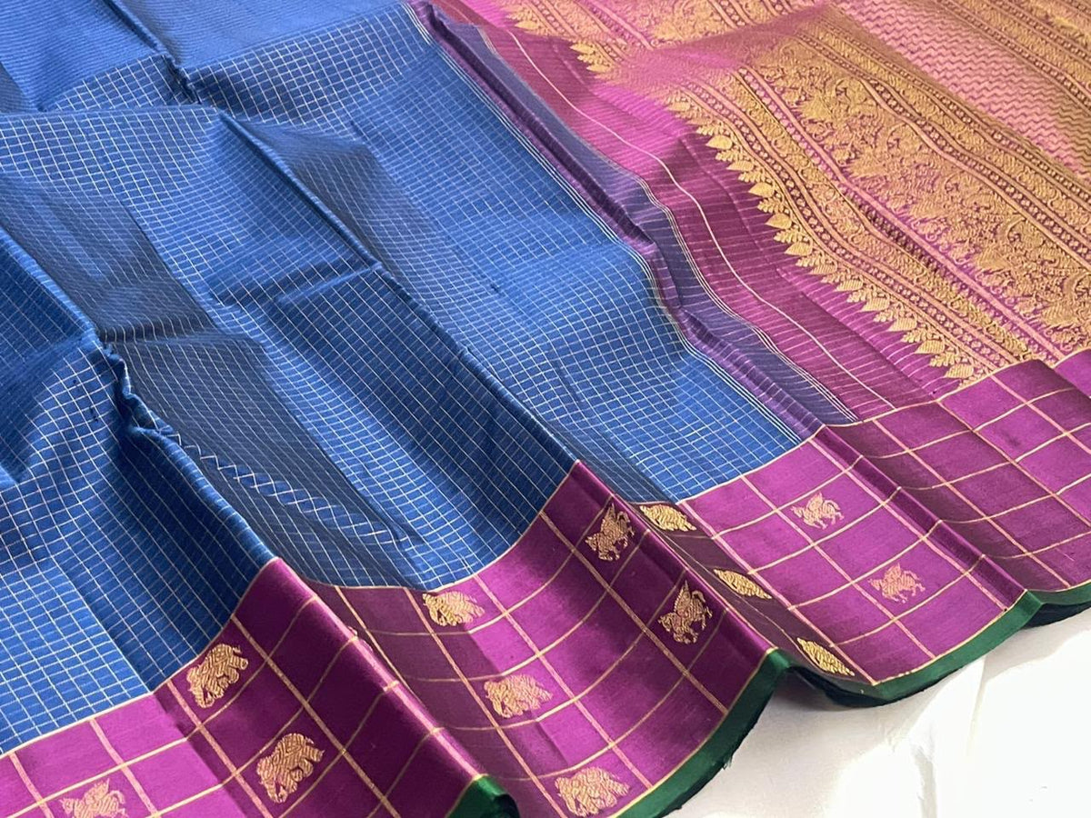 Slate blue and Kathiripoo purple Kancheepuram Zari Kattam saree