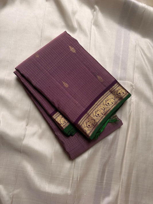 Padmika – Graceful Pink Zari Kattam Kanchipuram Silk Saree with Majestic Purple Vanasringaram Border & Green Selvedge