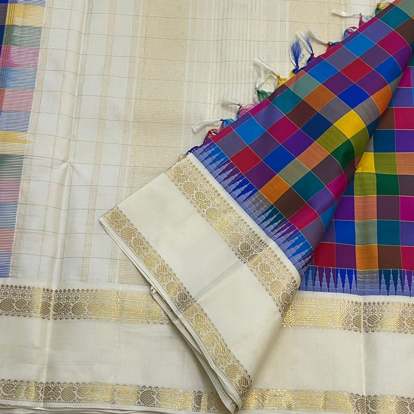 Kanchipuram Silk Saree • Kanchi Kattam Weave • Ivory Cream with Multicolor Checks