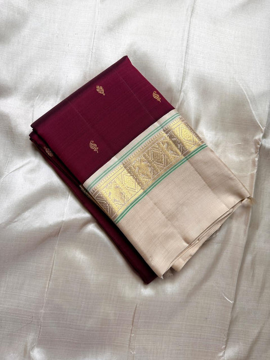 Maroon  Pure Kanchipuram Silk Saree with Kaal Erangina ivory  Zari Border