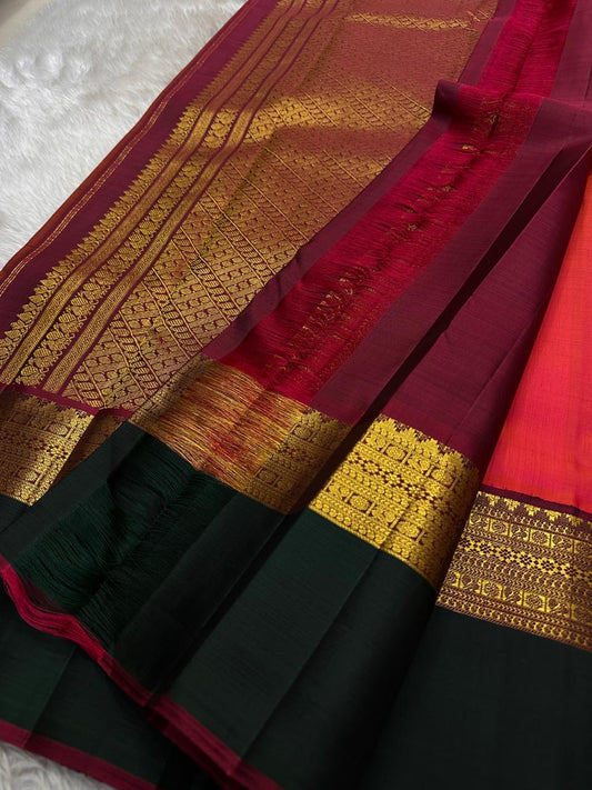 Scarlet Grove – Pure Kanchipuram Silk Saree
Fiery scarlet body with delicate golden leaf buttas ✨
Deep green korvai borders in rich zari temple motifs

Silk Mark Certified, delivery in 2 weeks