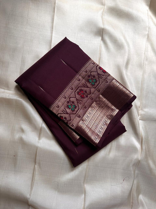 Vibha coffee Brown Pure Kanchipuram Silk Saree Blending the Grandeur of South Indian Weaving with Paithani-Inspired Floral Zari Borders and a Lustrous Rose Gold zari Pallu