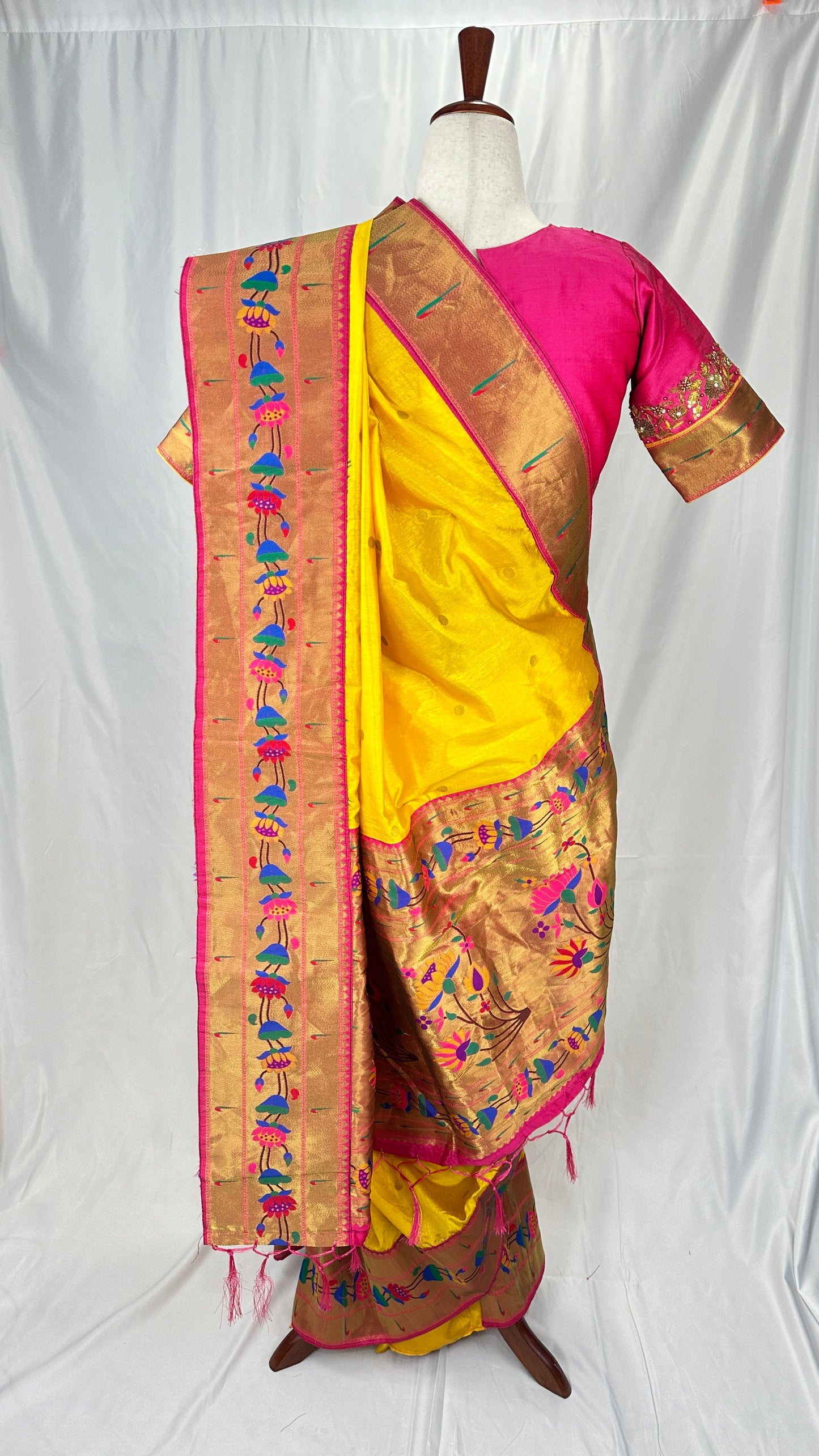 Paithani soft silk saree and embroidered blouse - Yellow and Pink