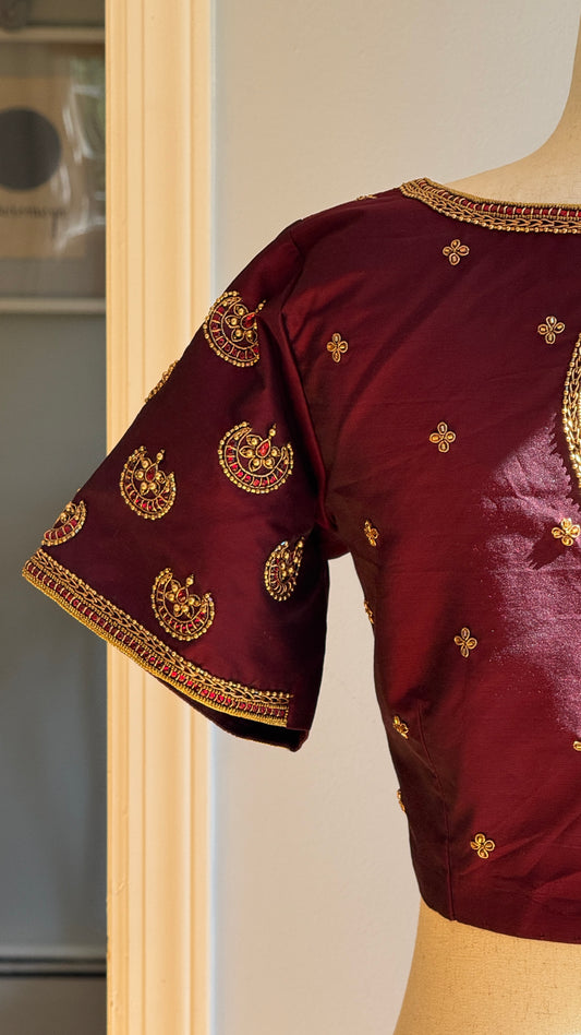 Aarvi – Handwoven Deep Maroon-Brown Silk Blouse with Traditional Maggam Embroidery, Antique Gold Beadwork & Kemp jadau work Stones Inspired by  Temple Jewelry- delivery in 3 to 4 weeks