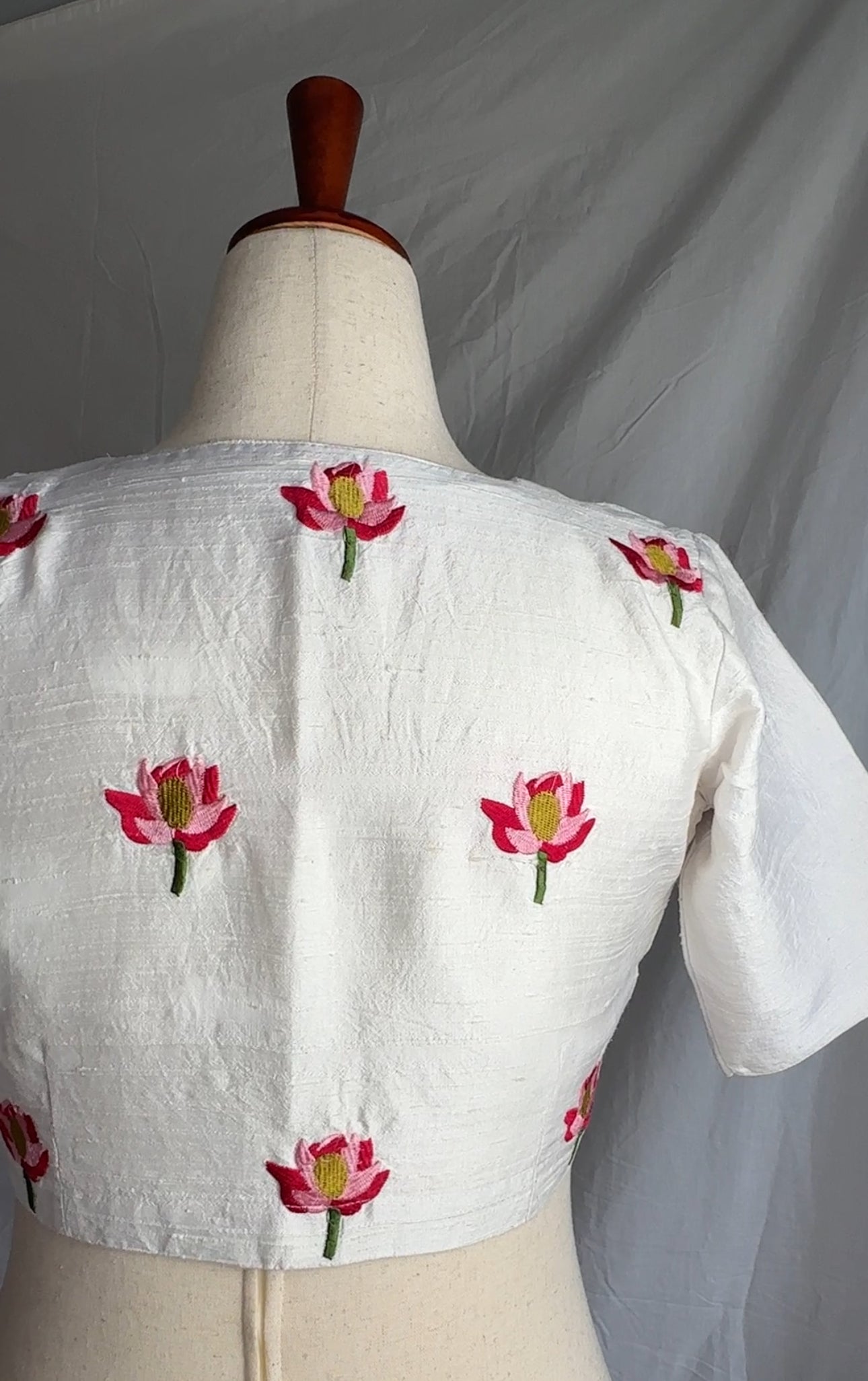 Kamala - Pure White raw silk blouse with lotus motif embroidery all over ( with sleeves )