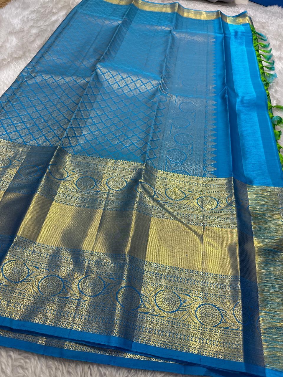 Full view of sky blue zari pallu with diamond jaal and contrast zari border