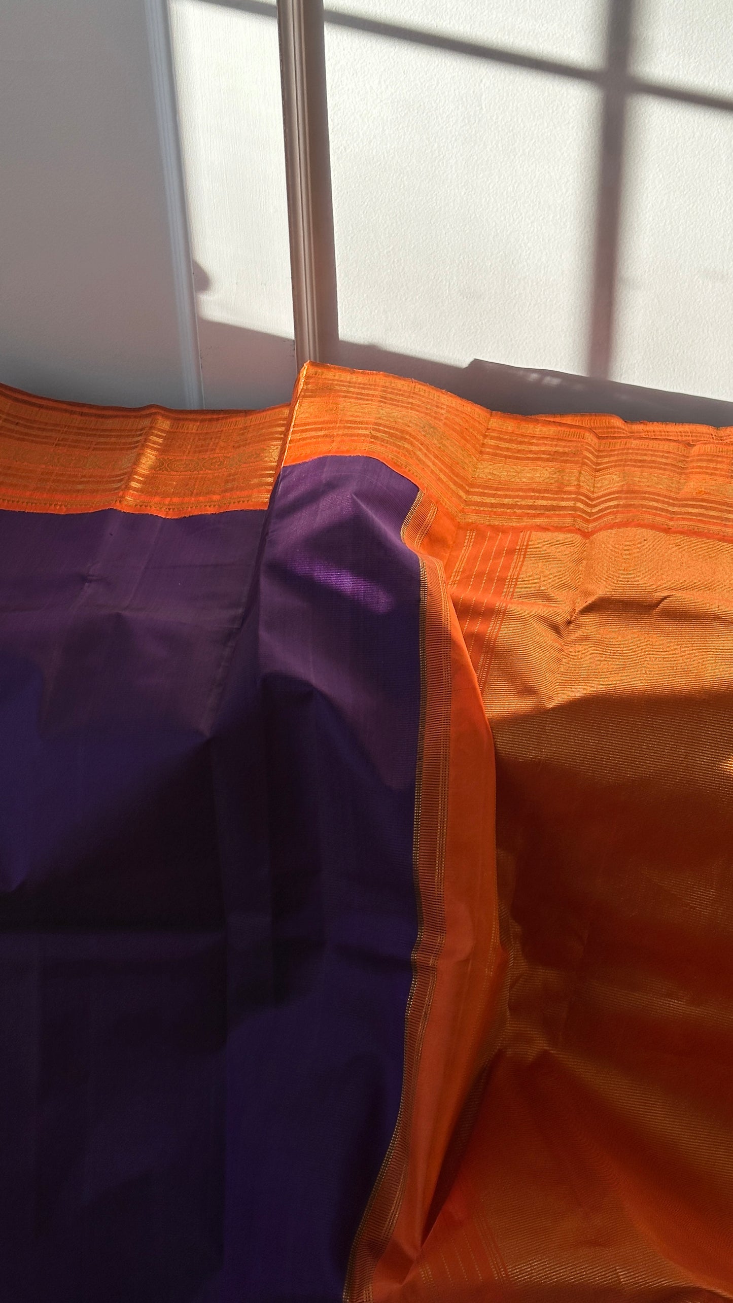 Pure silk Kanchipuram - silk mark - grape purple and tangerine orange