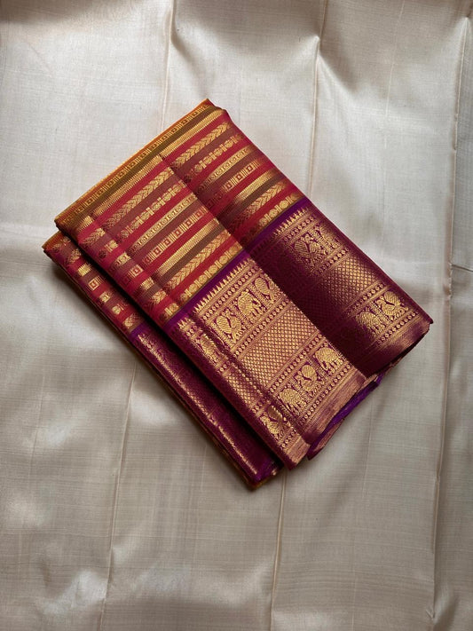 Unique thandavalam ( train track) stripes in mustard peach pink  purple with zari stripes and vanasingaram motifs