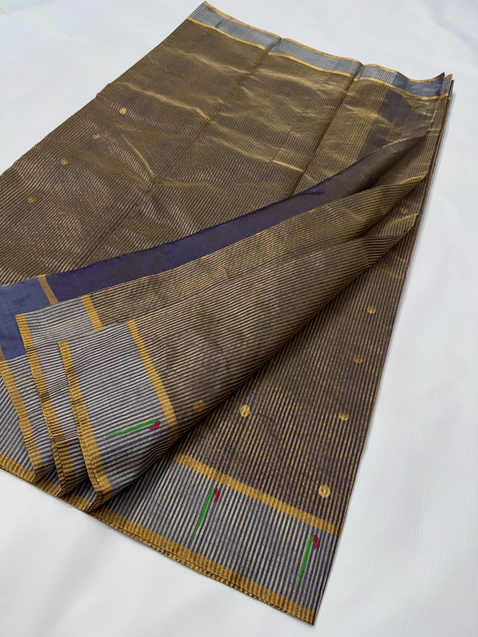 Antique Gold and Slate Blue Striped Pattu Silk Chanderi Saree, indigo-slate pallu panels with metallic stripes