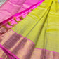 Lotus Lime Kanchipuram silk saree with lime-green body, rani pink korvai border, and grand zari brocade pallu. Silk Mark Certified. Free USA Shipping. Ships in two weeks.