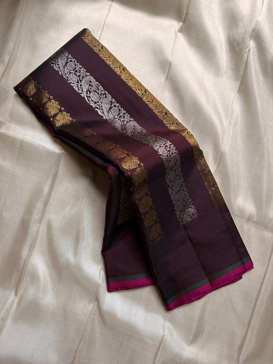 Lavanya– deep brown Handwoven Kanchipuram Silk Saree in Brown with Gold & Silver Zari, this deep brown Kanchipuram silk saree with intricate motifs in gold and silver zari, including Gandaberunda, parrots, elephants &lotuses as seen on Nita Ambani