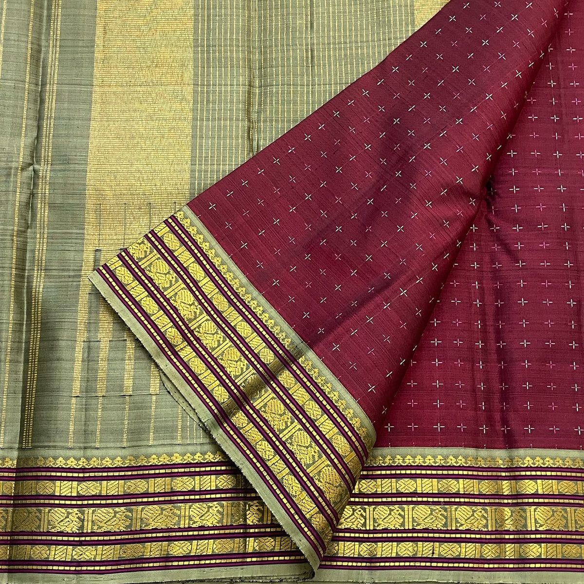Vintage butta revival Kancheepuram silk saree in deep Arakku with Seepu Reku pallu