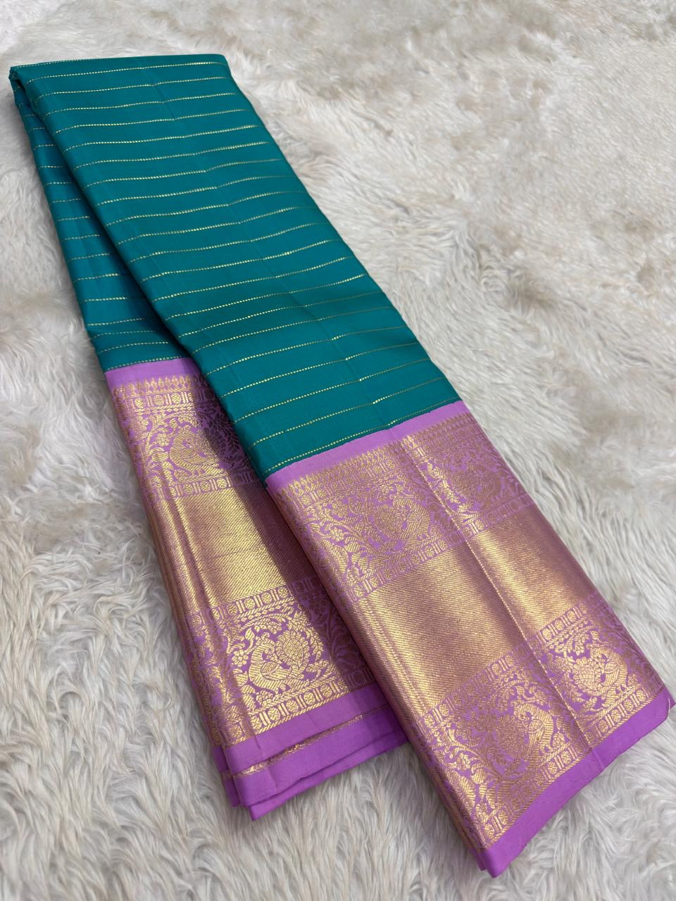 Peacock Teal pure silk Kancheepuram saree, Korvai weave with Royal Purple Zari border — blouse piece detail