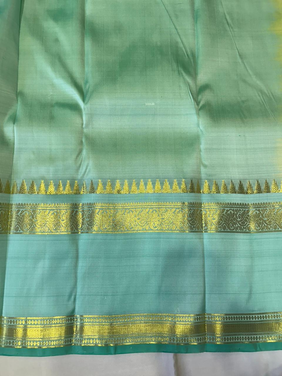Sunlit Butter Yellow ✨ – Pure Kanchipuram Silk Saree in Butter Yellow & Sea Green with Gold Zari Temple Border & Grand Brocade Pallu – Silk Mark Certified, Fall & Pico Done, Blouse Stitching Available, ships in 2 weeks