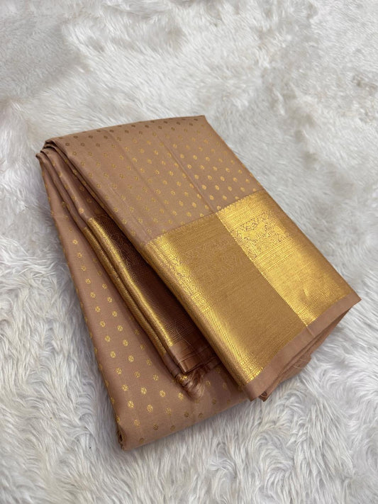 Pure Kanchipuram Silk Saree – Champagne Beige with Antique Gold Micro Zari Butta