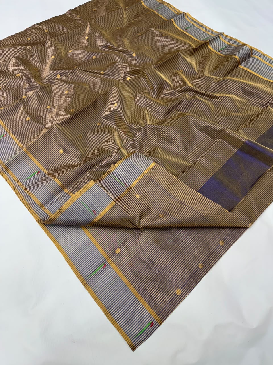 Antique Gold and Slate Blue Striped Pattu Silk Chanderi Saree, blue-grey and gold geometric border close-up