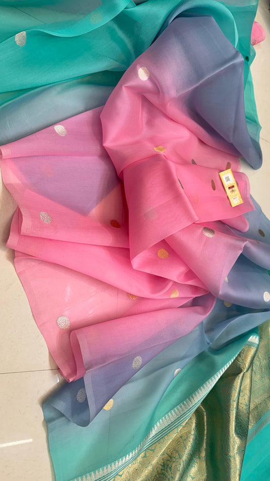 Pure Ektara Kora Silk Handloom Banarasih Saree Parrot green to aqua blue ombré • Kadhua sona-roopa floral buttas • Raw-Mango style minimal weave Silk Mark Certified ✅ • Free USA Shipping ✅ • ships in 2 weeks ✅