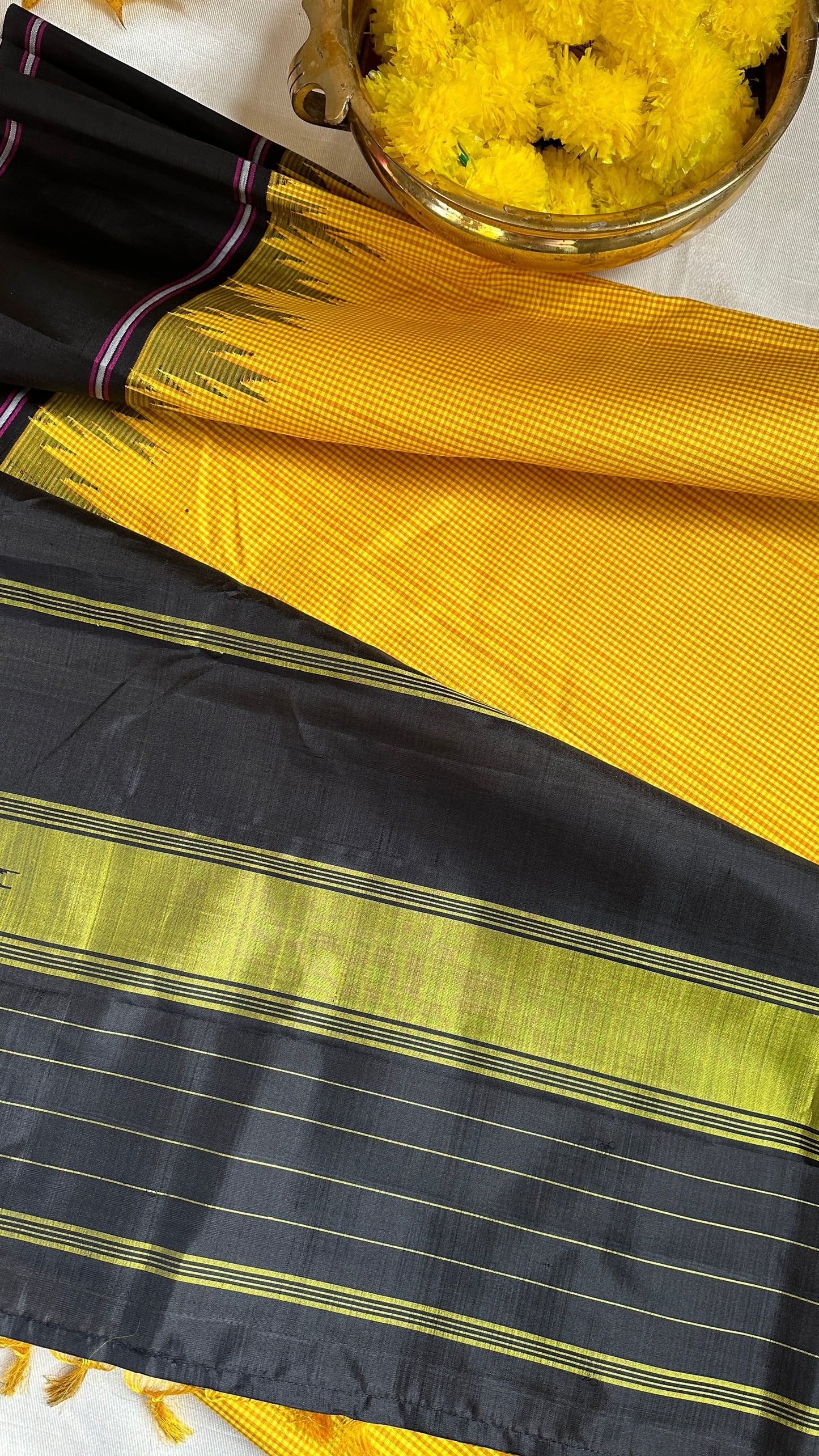 Pure Kanchipuram silk kattams no zari style saree - silk mark- yellow kattam with black