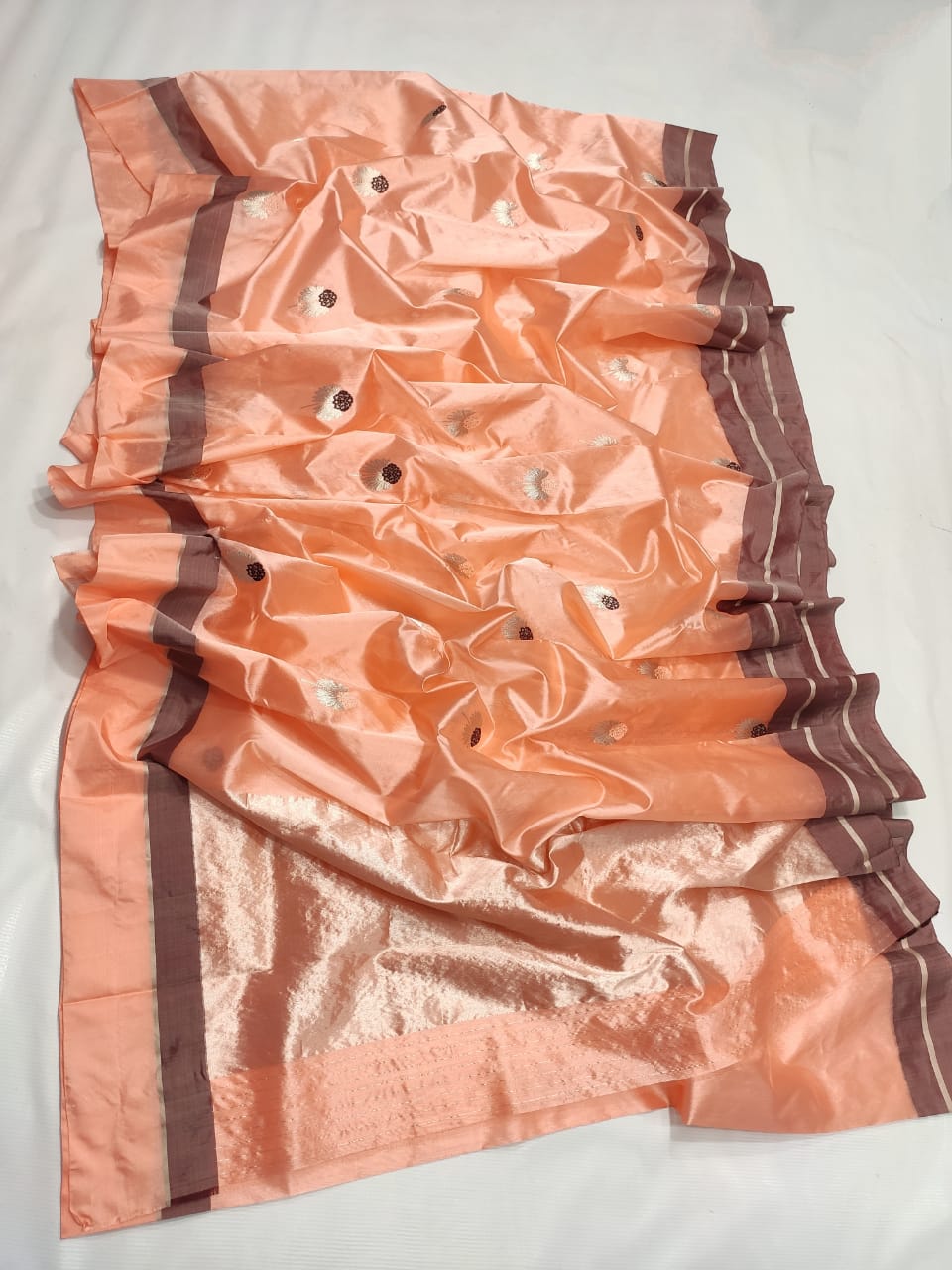 Peach Bloom – Pure Chanderi Silk Saree with Coffee Borders & Floral Resham Buttas | Tissue Pallu | Ships in Two Weeks