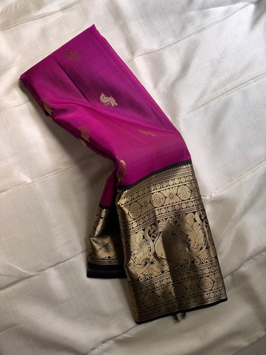 pink pure silk Kanchipuram with elaborate Zari peacock motif Vanasingaram border with deep brown Pallu