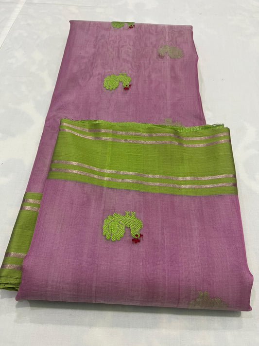 Pure Silk Chanderi Saree with Mayil Butta Motifs and Classic Gold Zari Border