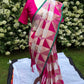Nila – Ivory, Pastel Pink & Fuchsia Semi-Silk Saree with Geometric Weave.
Paired with a Ready-to-Wear Padded Blouse (Size 36–42)