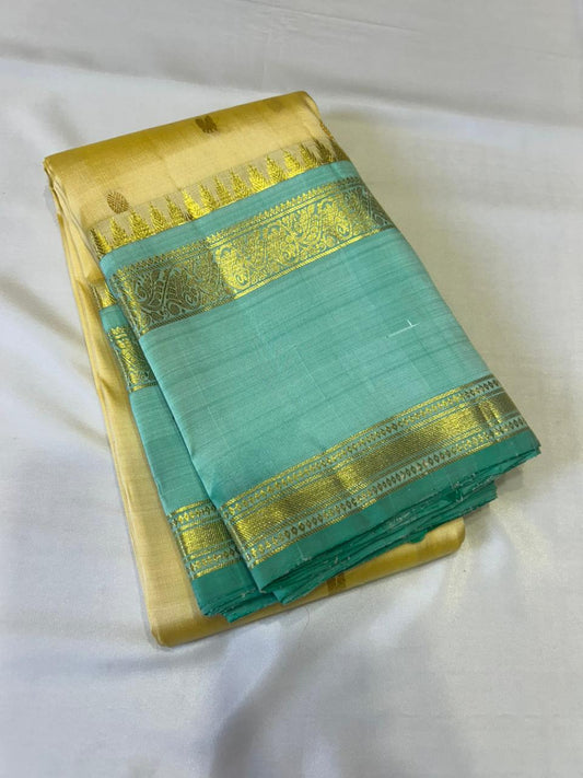 Sunlit Butter Yellow ✨ – Pure Kanchipuram Silk Saree in Butter Yellow & Sea Green with Gold Zari Temple Border & Grand Brocade Pallu – Silk Mark Certified, Fall & Pico Done, Blouse Stitching Available, ships in 2 weeks