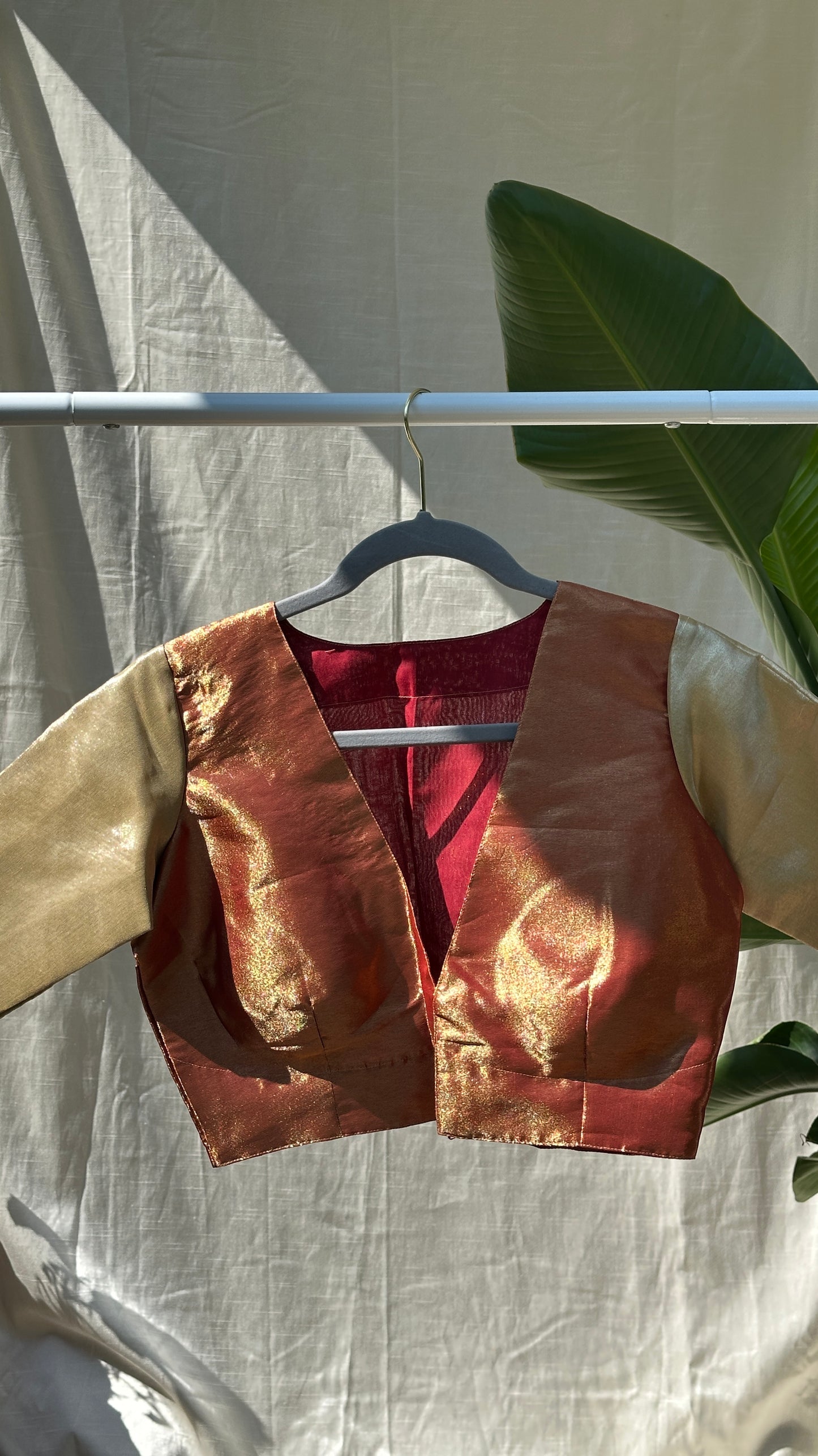 “Riva” Pure tissue silk blouse - Copper  with Gold sleeves