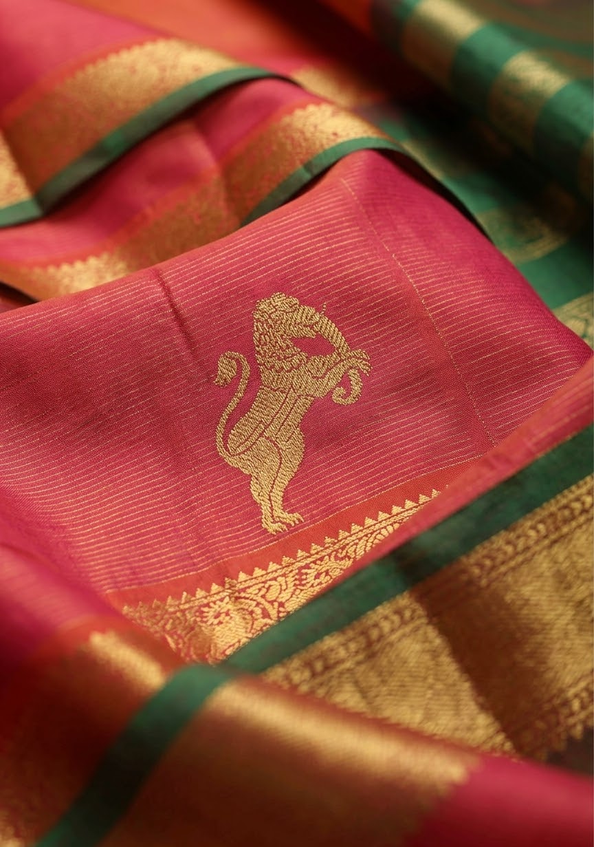 A close-up of a pink silk saree with a gold zari lion motif and green border stripes.