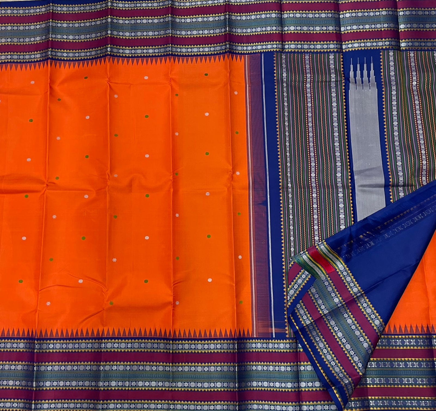 Orange Pillayar Moggu Varisaipet ✨ – Pure Kanchipuram Silk Saree with Temple Border & Varisaipet Stripe Pallu – Silk Mark Certified, Fall & Pico Done, Blouse Stitching Available, free shipping, silk mark certified, ships in two weeks