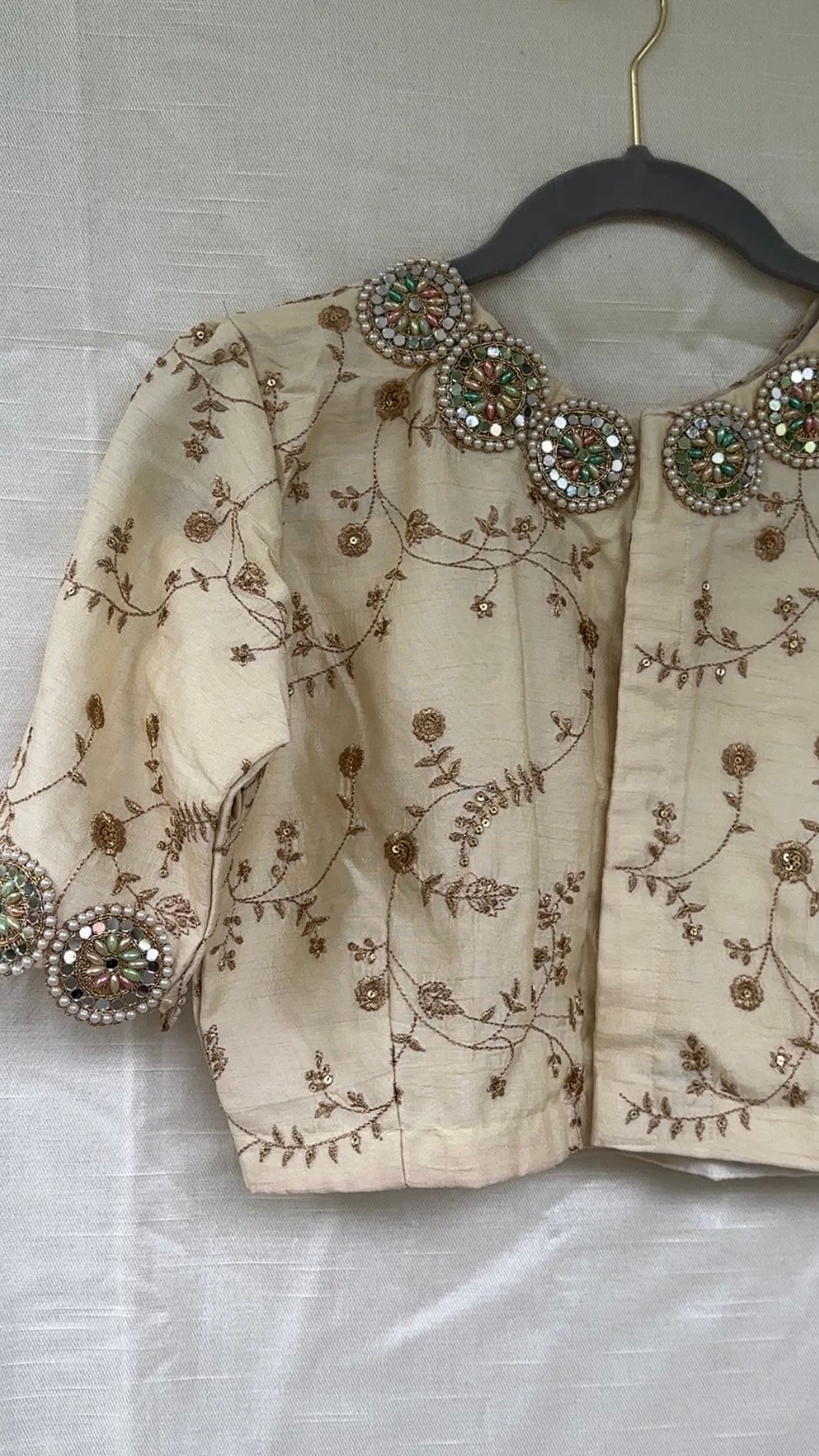 Gold embroidery blouse - all over embroidery with circle scallop pear and mirror work