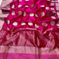 Fuchsia Pink Chanderi Pure Silk Saree with Zari Lotus Buttas and Radiant Gold Pallu
Light as a dream and luminous as morning light, this saree glows in rich fuchsia silk.
Ornate handwoven lotus buttas bloom across the body in fine gold zari.