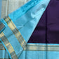 Moora – Handwoven Pure Kanchipuram Silk Saree in Deep Regal Purple with Lustrous Contrast Aqua Blue Border and Grand Pallu, Featuring Intricate Gold Zari Weaving with Traditional Round Medallions, Paisley Buttas, and Concentric Floral Vine Patterns