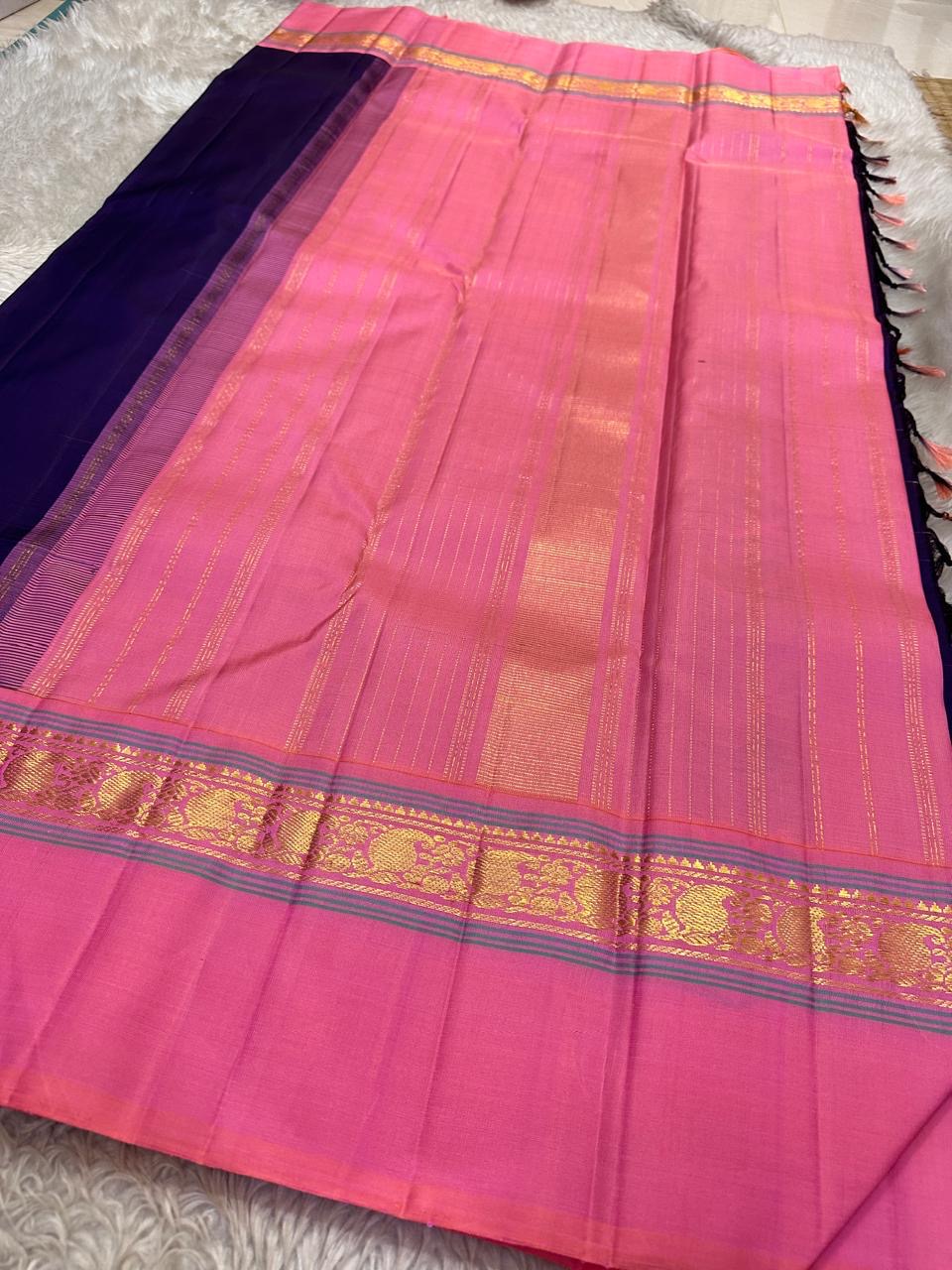 Purple  Pure Kanchipuram Silk Saree with Kaal Erangina pink Zari Border