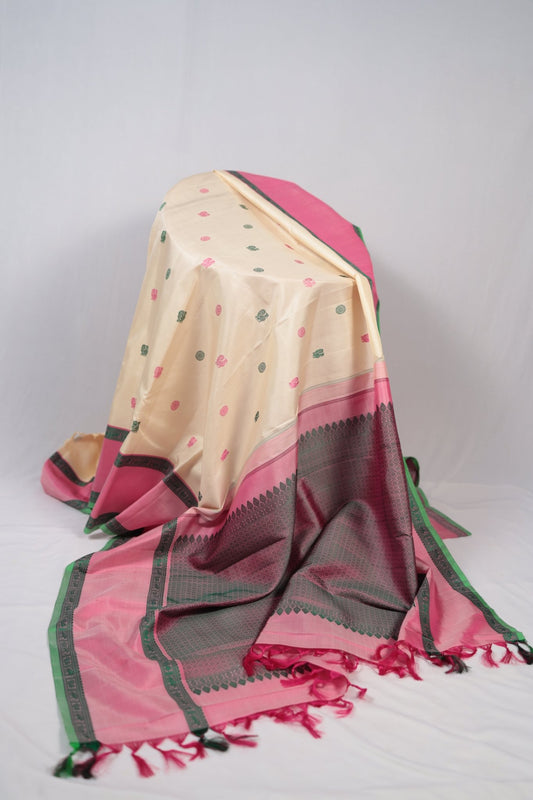Ivory Pattupet Green & Lotus Pink Kanchipuram Silk Saree with silk thread Woven Border