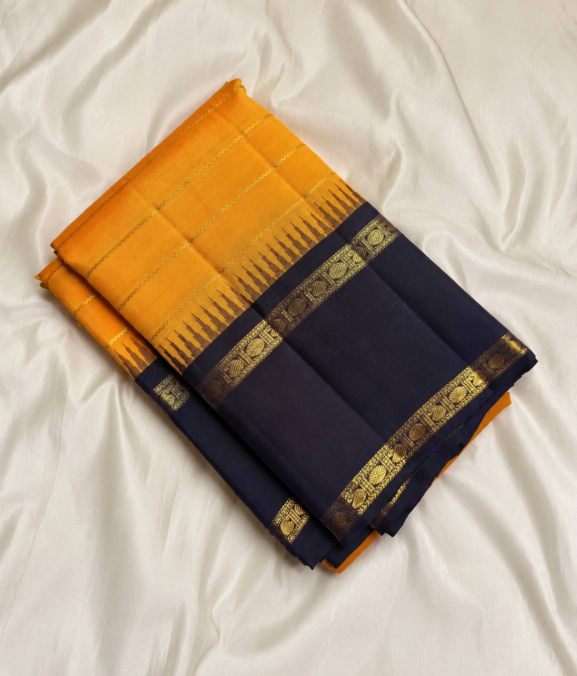 Golden Yellow Kanjivaram silk saree with fine Zari Veldhari weave