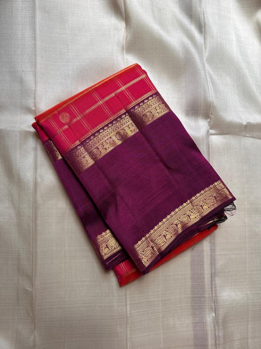 Pink Shot with Rani Radiance ✨ – Pure Kanchipuram Silk Saree with Gold Zari Kattam Checks, Plum Korvai Border & Grand Brocade Pallu – Silk Mark Certified, Fall & Pico Done, Blouse Stitching Available, ships in 2 weeks