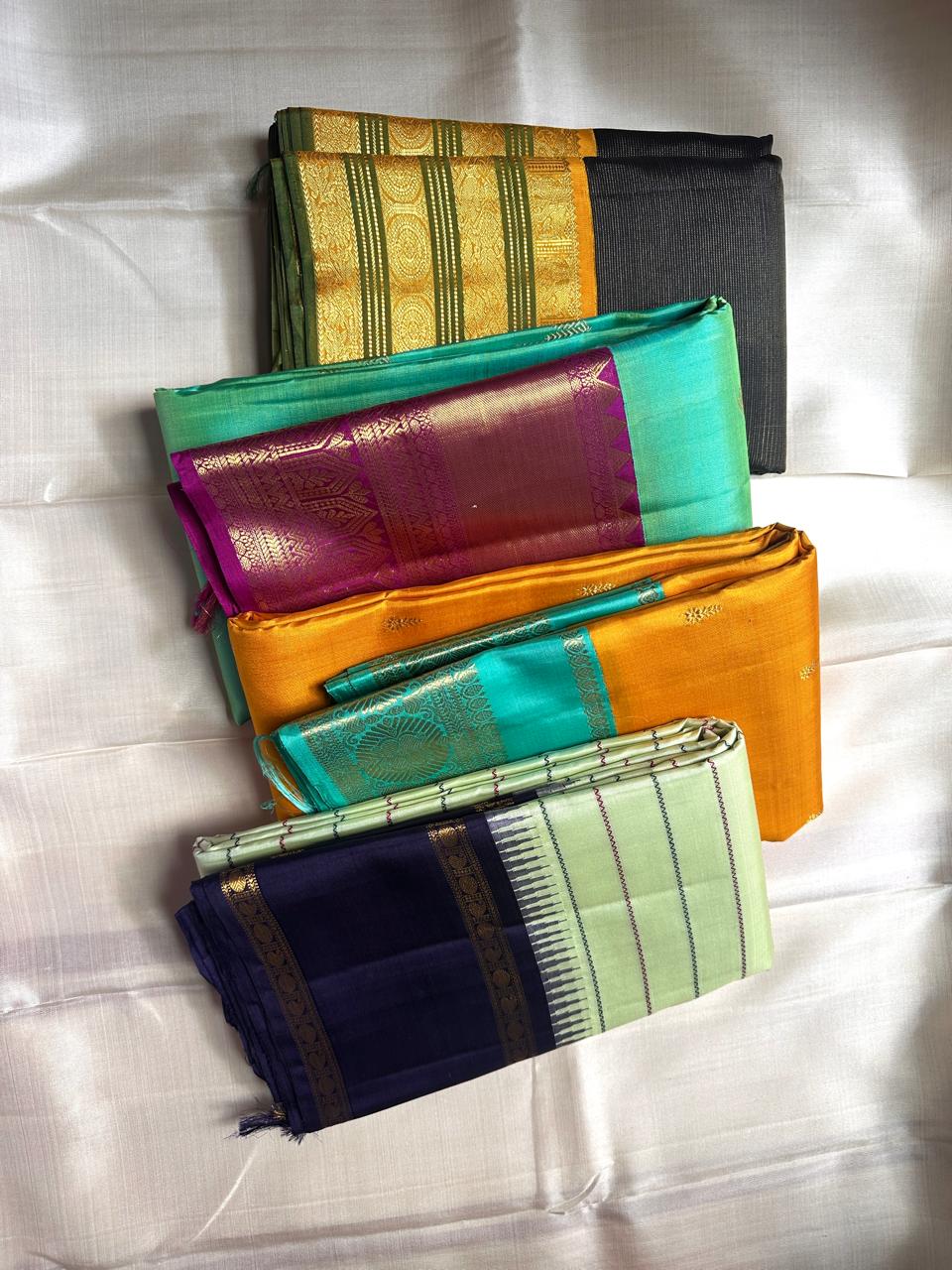Cardamom veldhari Stripes – Pure Silk Kanchipuram Saree
Refreshing Cardamom Green Body with Stripes 🌿
Deep Purple Contrast Border in Rich Zari Weave ✨
Temple Motif Edging & Grand Lattice Pallu
Silk Mark Certified | ships two weeks