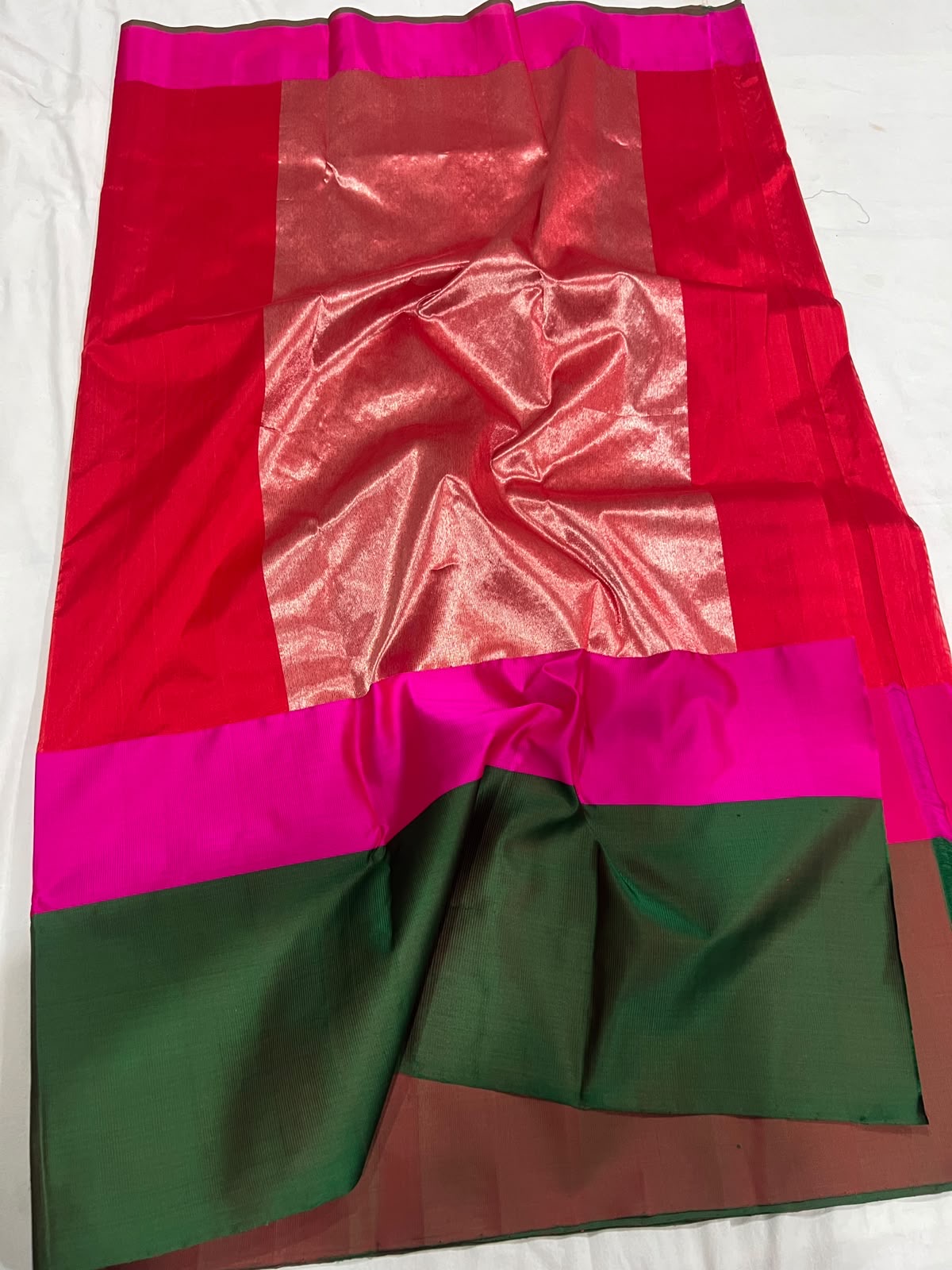 Vermilion Red Chanderi saree draped, showing the Mashru Silk border and pallu