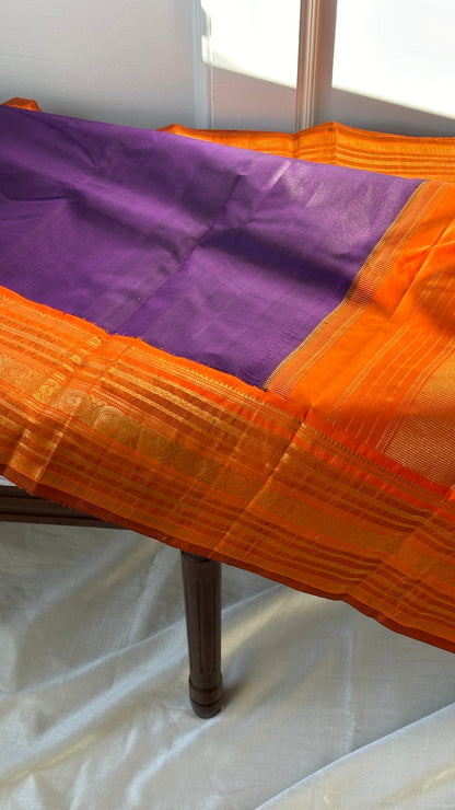 Pure silk Kanchipuram - silk mark - grape purple and tangerine orange