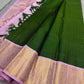 Vibrant green Zari kattam with pastel pink border peacock motif and Pallu