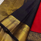 Ranga - A vivid red pure silk Kanchipuram saree featuring intricate zari kattam with traditional mayil, chakram, butta, and vanasringaram motifs across the body. The contrast jamun dark blue border and pallu are woven with exquisite Annam motifs