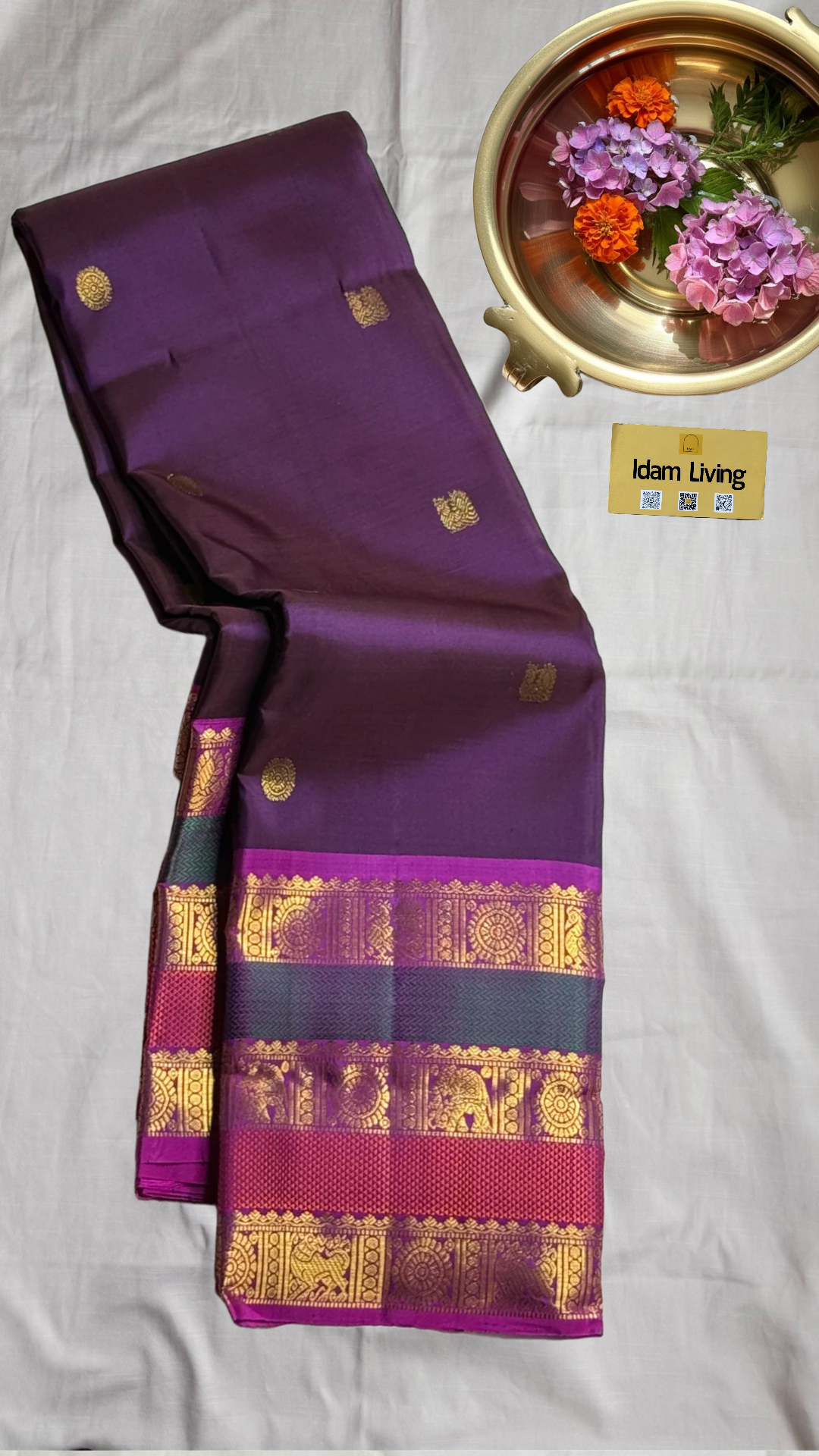Madhurima — Pure Kanchipuram Silk (Royal Purple × Magenta)
Royal purple body with gold coin buttas, magenta korvai border with zari-woven elephant & peacock panels, and rich magenta pallu.
Silk Mark Certified • Free Shipping within USA • Ships in Two Week