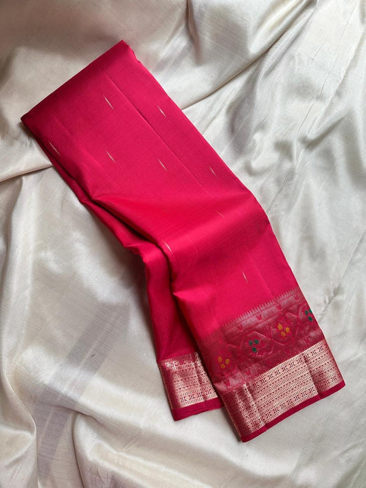Vibha Tomato deep pink Red  - A Deep Plum Pure Kanchipuram Silk Saree Blending the Grandeur of South Indian Weaving with Paithani-Inspired Floral Zari Borders and a Lustrous Rose Gold zari Pallu