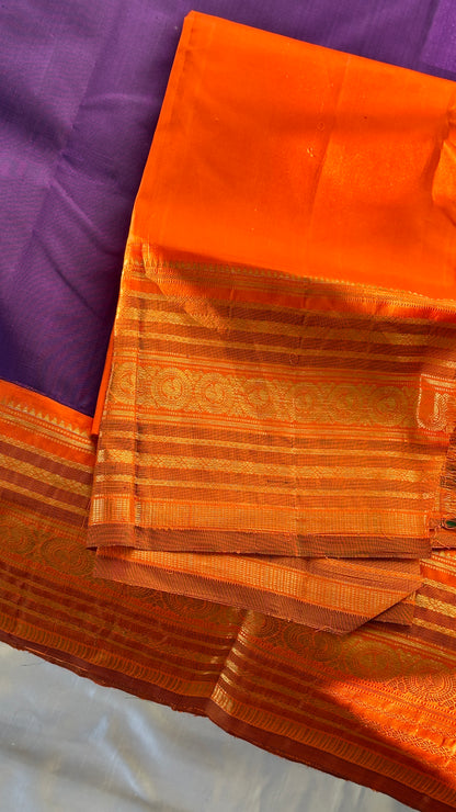 Pure silk Kanchipuram - silk mark - grape purple and tangerine orange