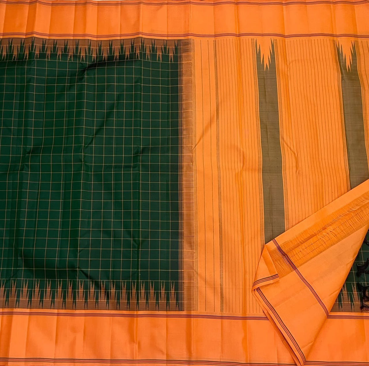 No-zari Kancheepuram silk saree with burnt orange contrast and Kanchi Kattam checks