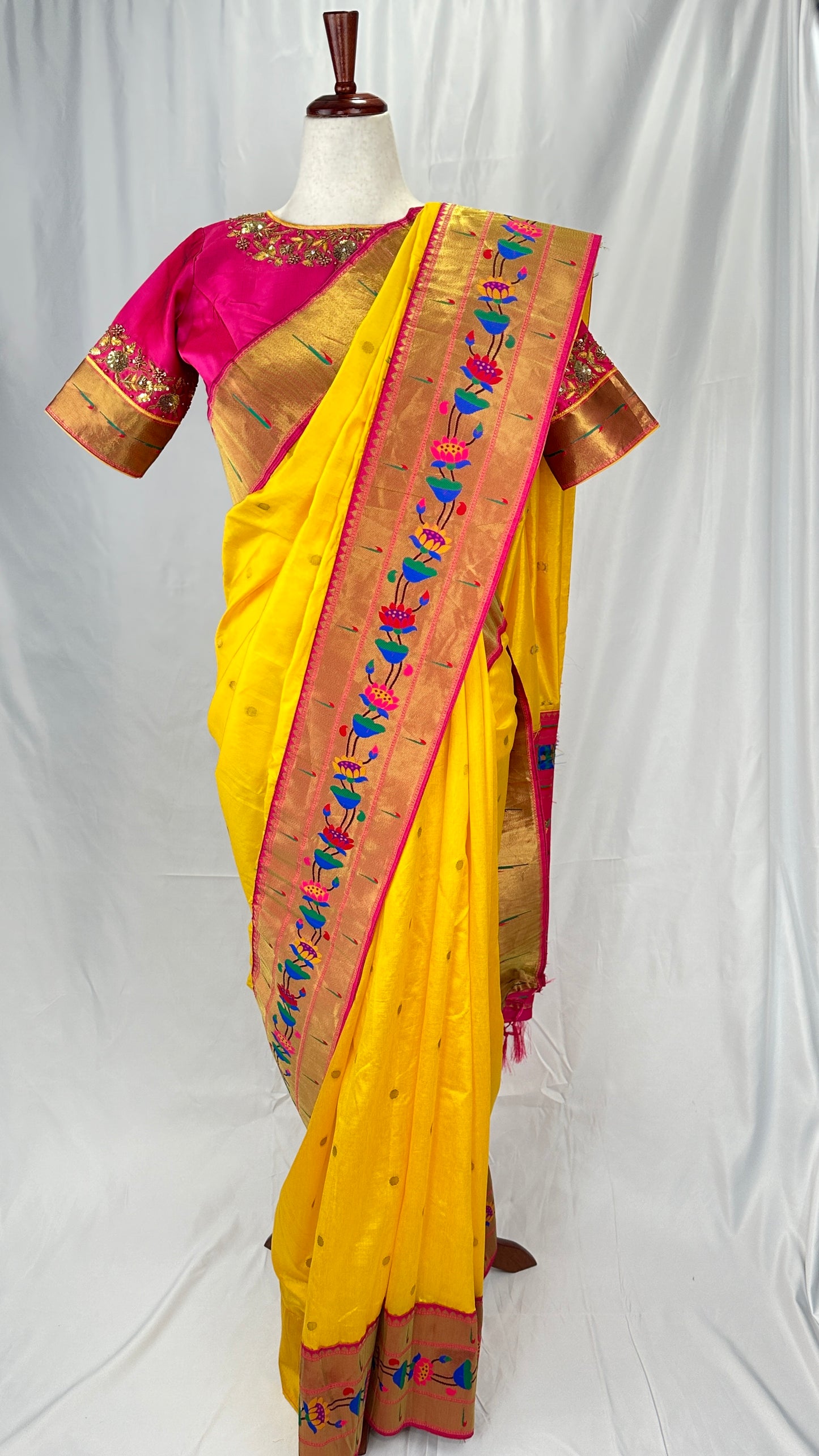 Paithani soft silk saree and embroidered blouse - Yellow and Pink