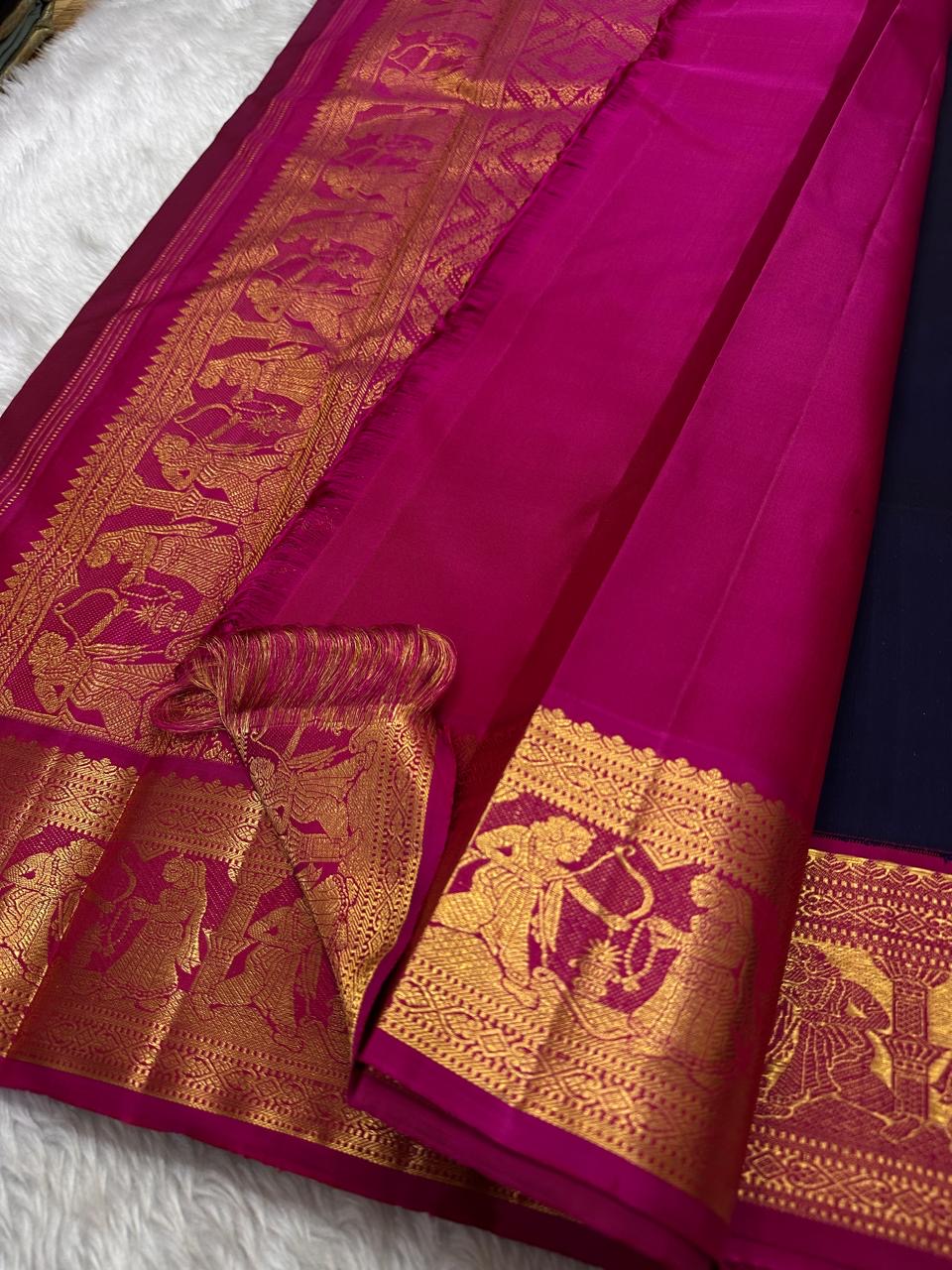 Sita parinayam envisioned in pure silk Kanchipuram elegance deep blue with magenta