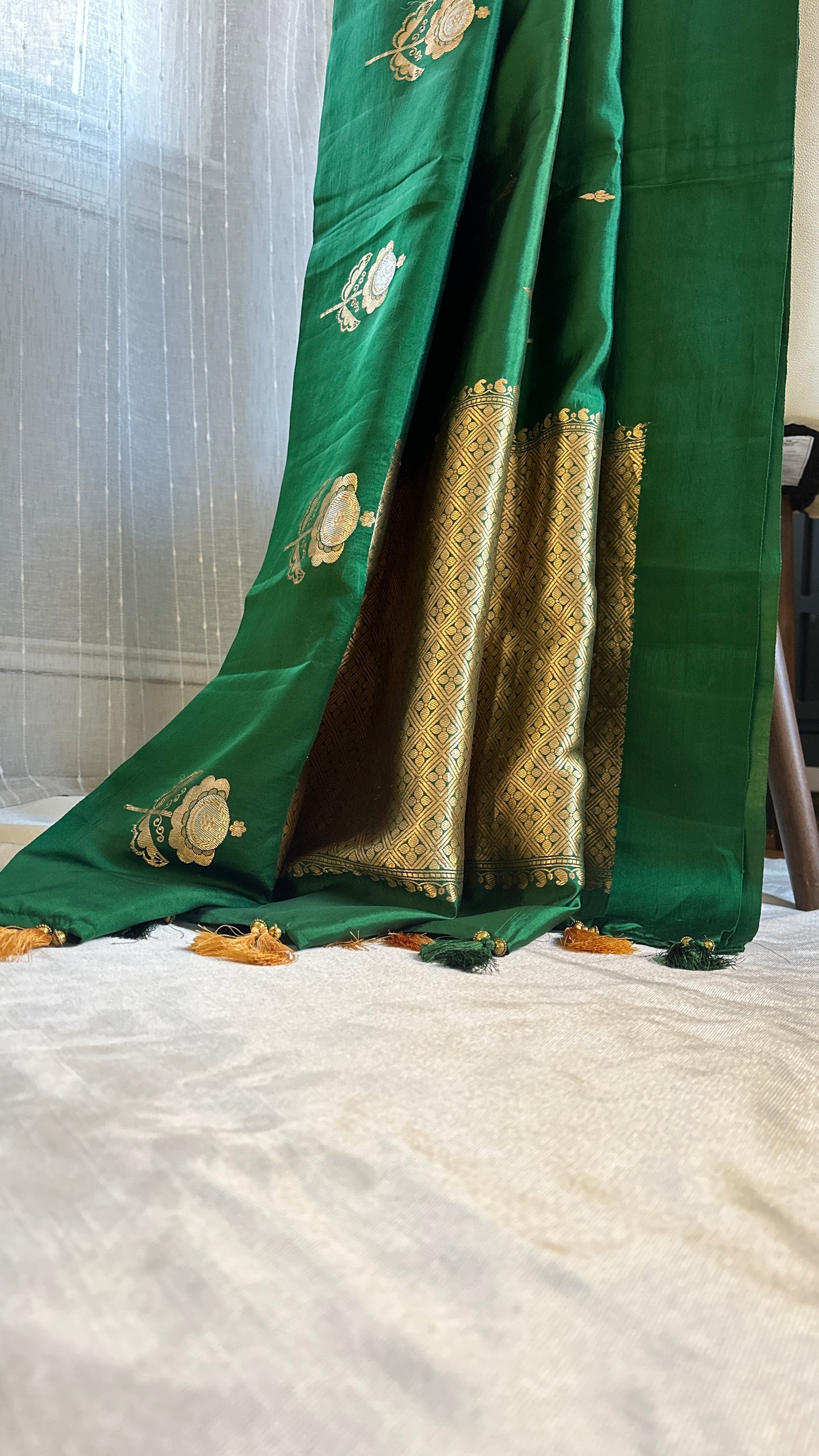 Pure silk kaduva Benares sarees “Raw mango” style - Forest green